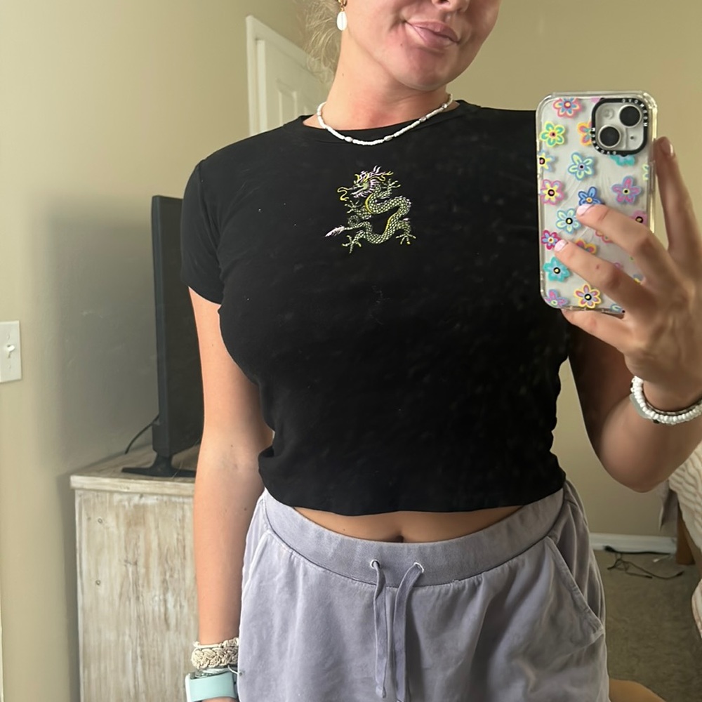 Brandy Melville Black Embroidered Short Sleeve: One Size